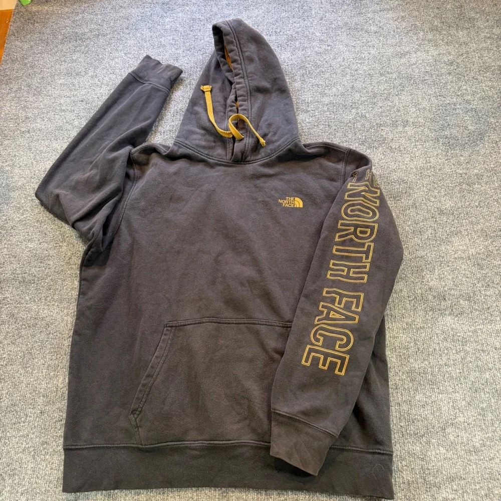 The North Face Mens Sleeve Logo Pullover Hoodie Grey Yellow Large